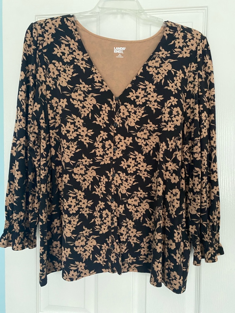 Lands' End Black Top with Tan Floral Button-Front